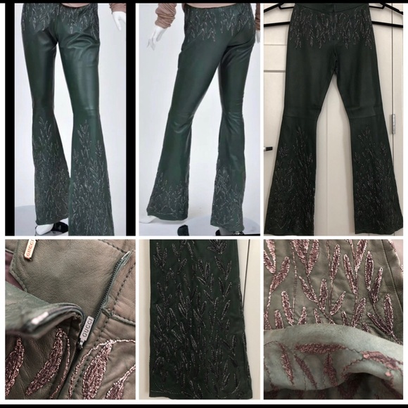 TOM FORD for Gucci Green Embroidered Leather Pants - Picture 2 of 8